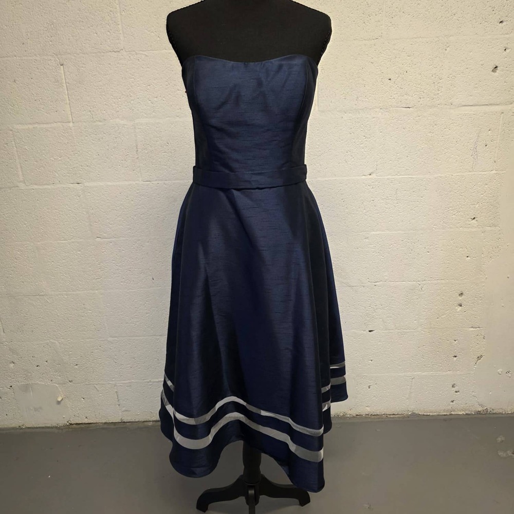 Vintage Alfred Sung Navy Strapless Cocktail Dress Size 10 Formal Midi - Picture 3 of 13